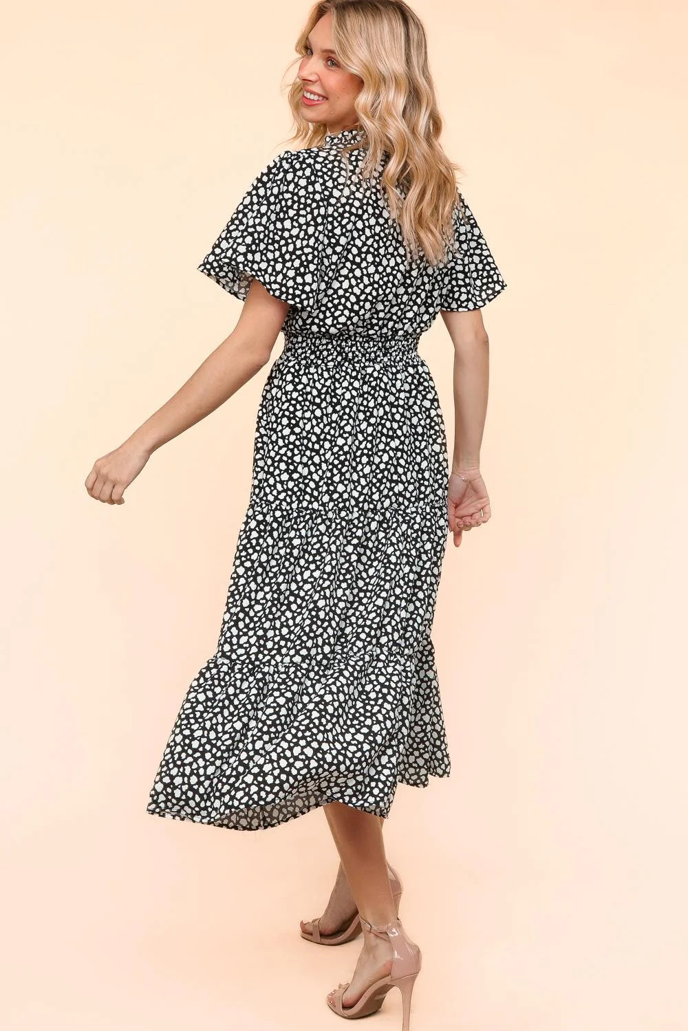 BLACK WHITE FIT & FLARE SMOCKED WAIST ANIMAL PRINT MAXI DRESS