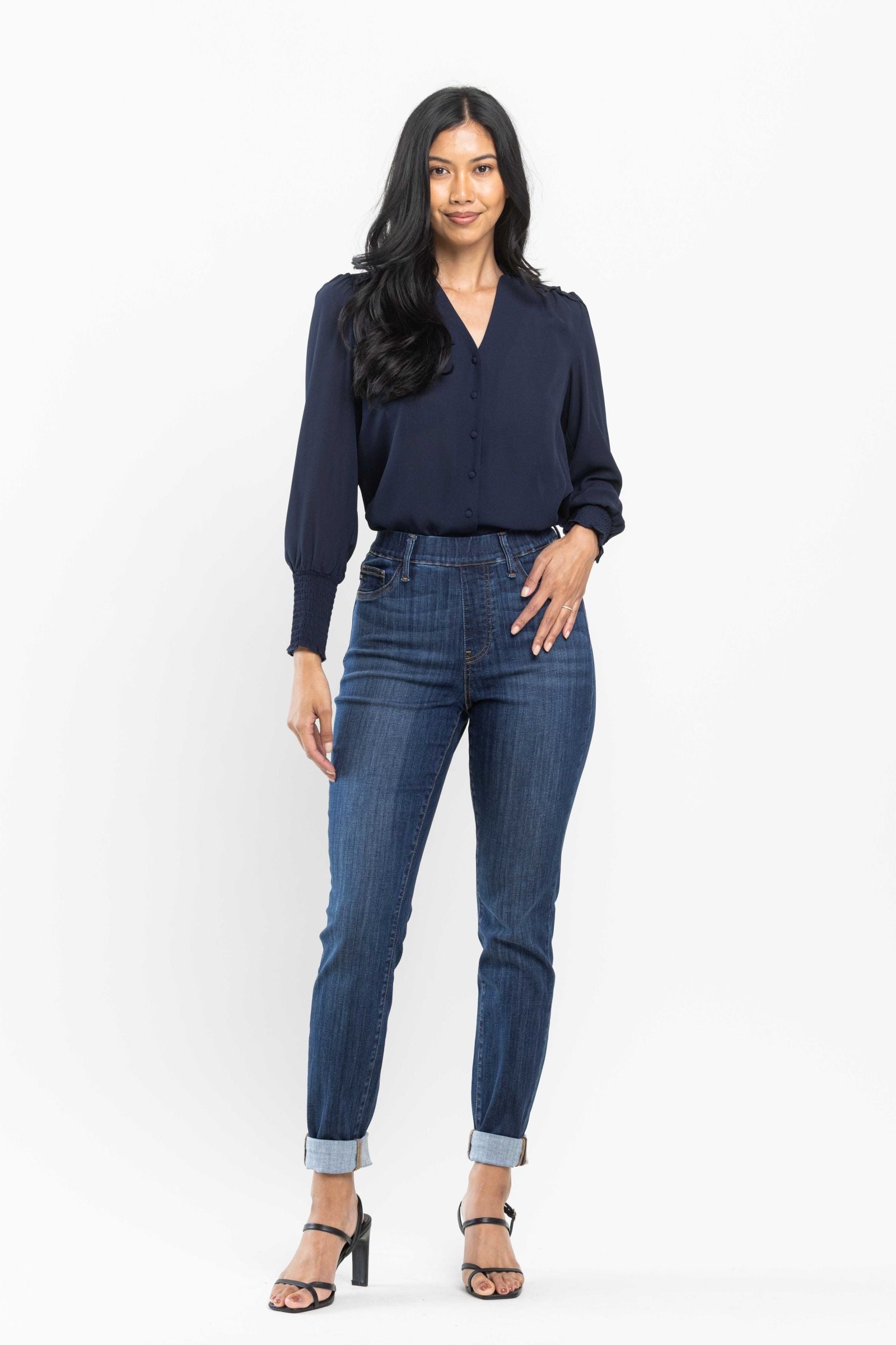 Darkwash High Waist Judy Blue Double Cuff Slim Fit Pull On Denim- SIZE 1 left.