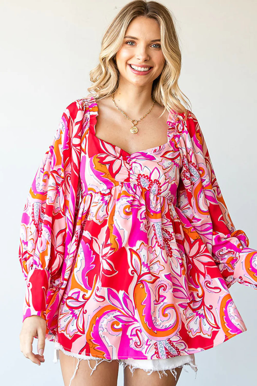 GROOVY RETRO PINK RED ORANGE FUCHSIA DESIGN BABYDOLL WOVEN TOP- SALE