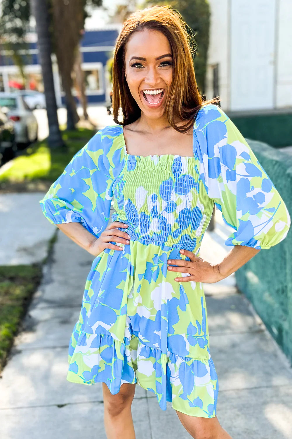 BLUE & LIME GREEN FIT & FLARE SMOCKED DRESS