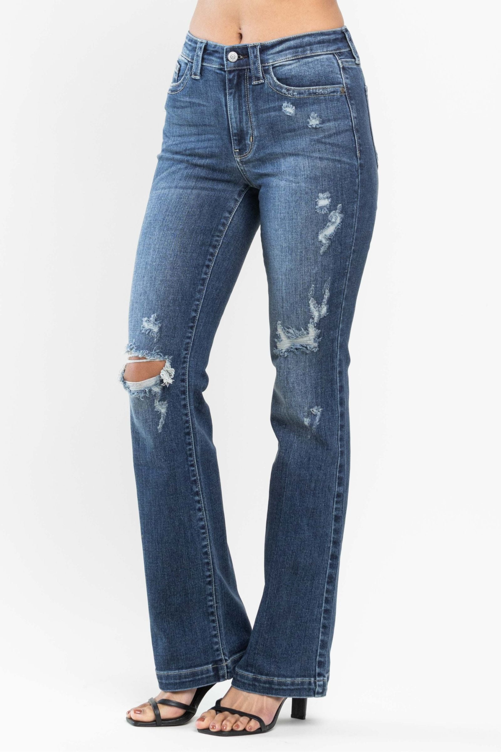 DARKWASH MID RISE HAND SAND DESTROYED BOOTCUT JUDY BLUE DENIM