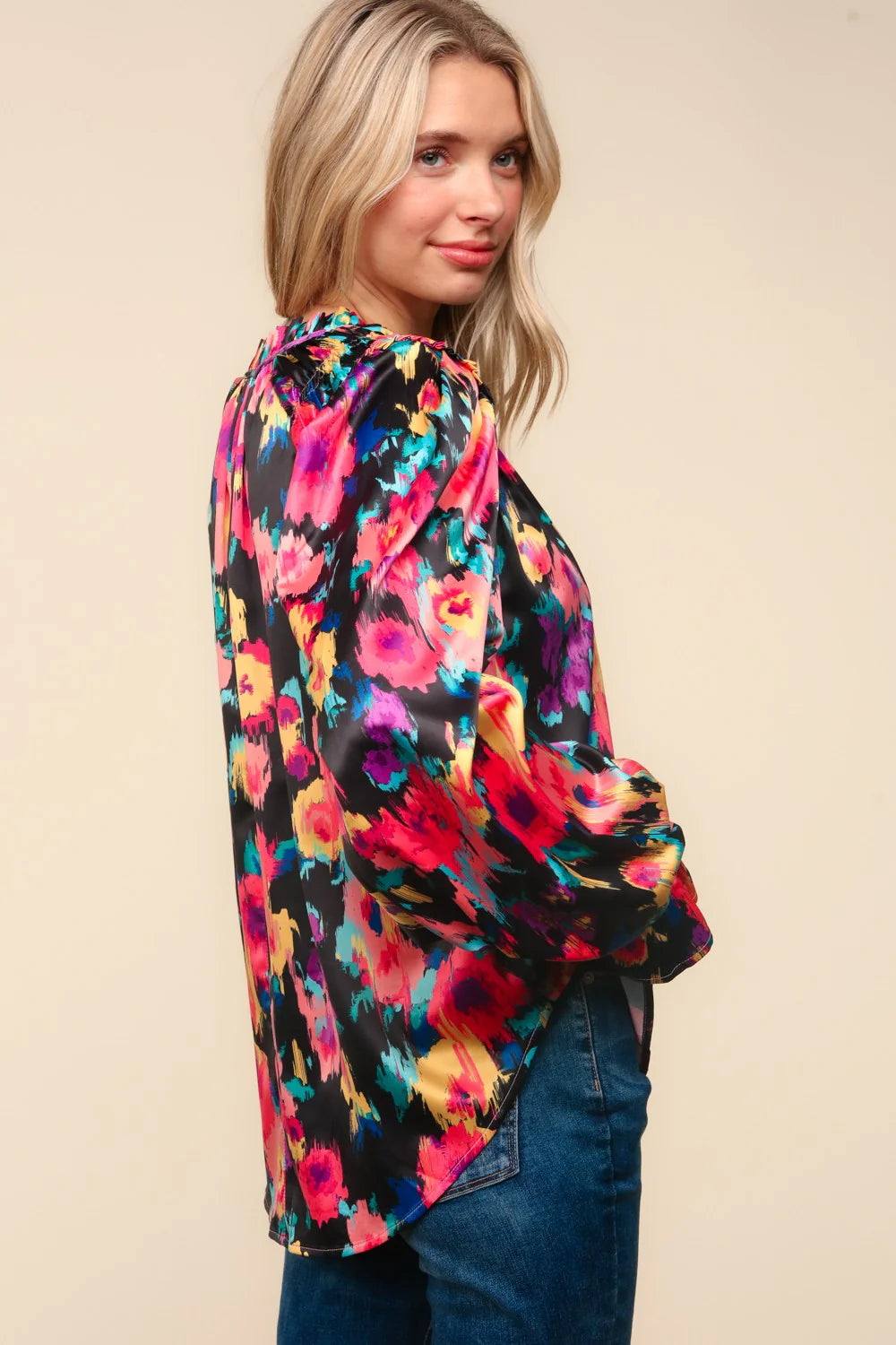 BUBBLE LONG SLEEVE FLORAL WOVEN TOP