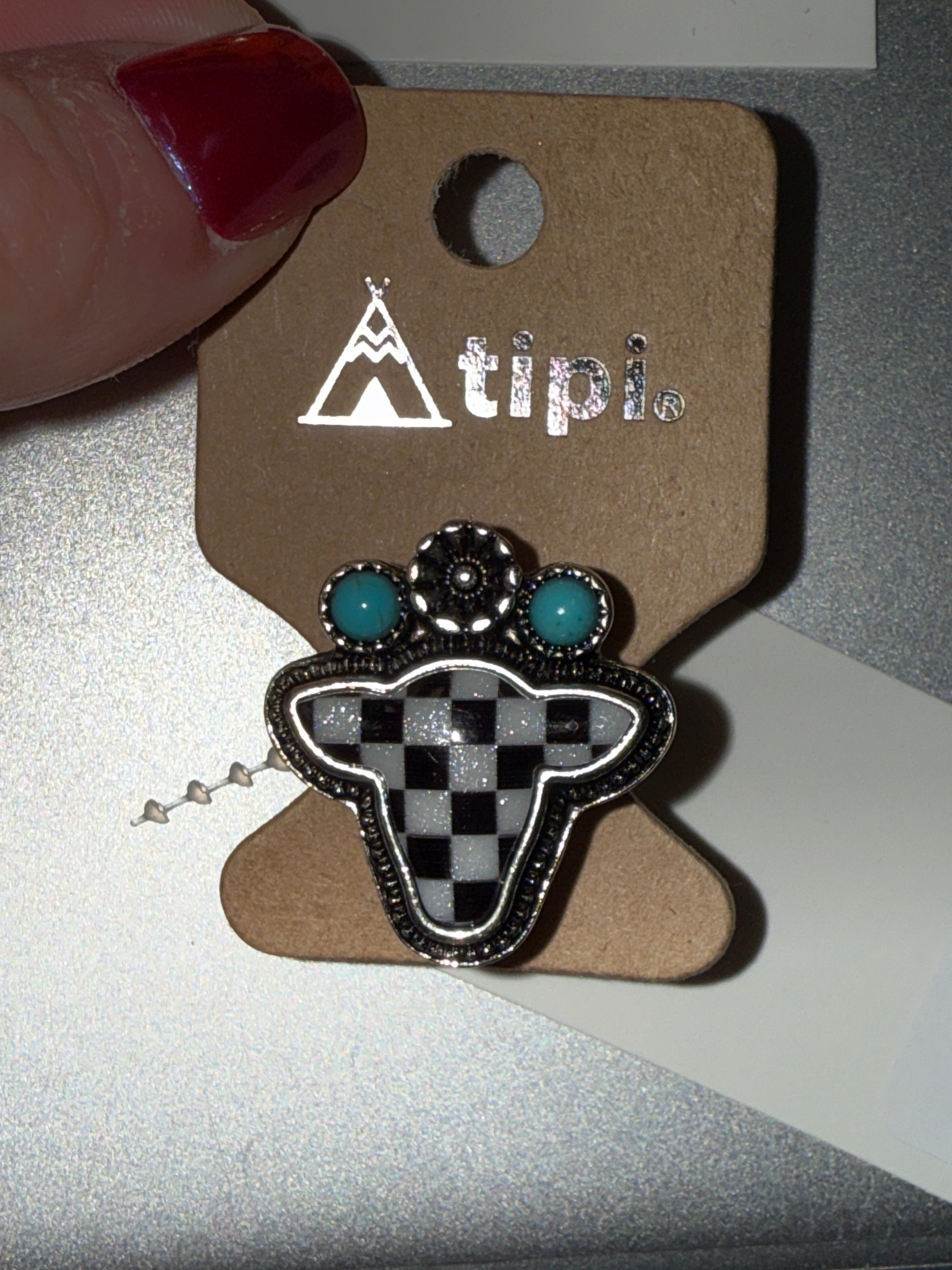 CHECKERED PRINT COW HEAD WITH TURQUOISE STONE SILVER ADJUSTABLE RING