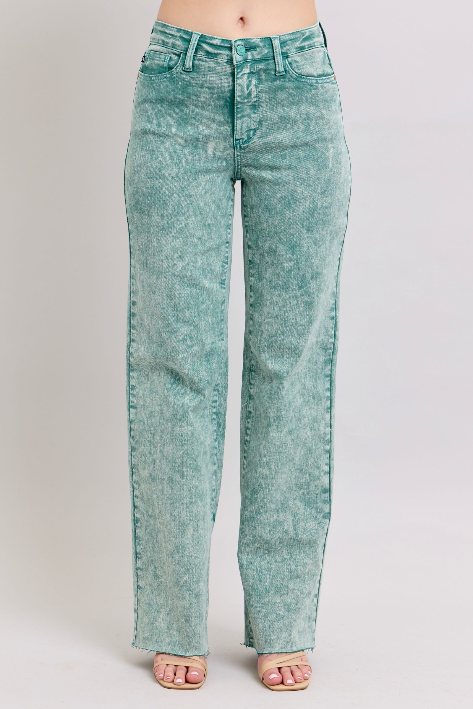 HIGH WAIST SEA GREEN GARMENT DYED RAW HEM “DAD JEANS” JUDY BLUE DENIM