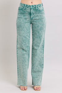 HIGH WAIST SEA GREEN GARMENT DYED RAW HEM “DAD JEANS” JUDY BLUE DENIM