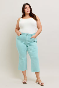 LIGHT BLUE SKY HIGH WAIST GARMENT DYED RAW HEM CROP WIDE LEG JUDY BLUE DENIM-PLUS