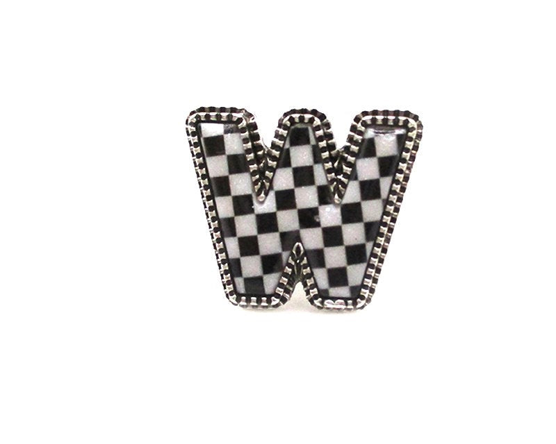 CHECKERED BUBBLE INITIAL BLACK & WHITE ON SILVER ADJUSTABLE CUFF RING