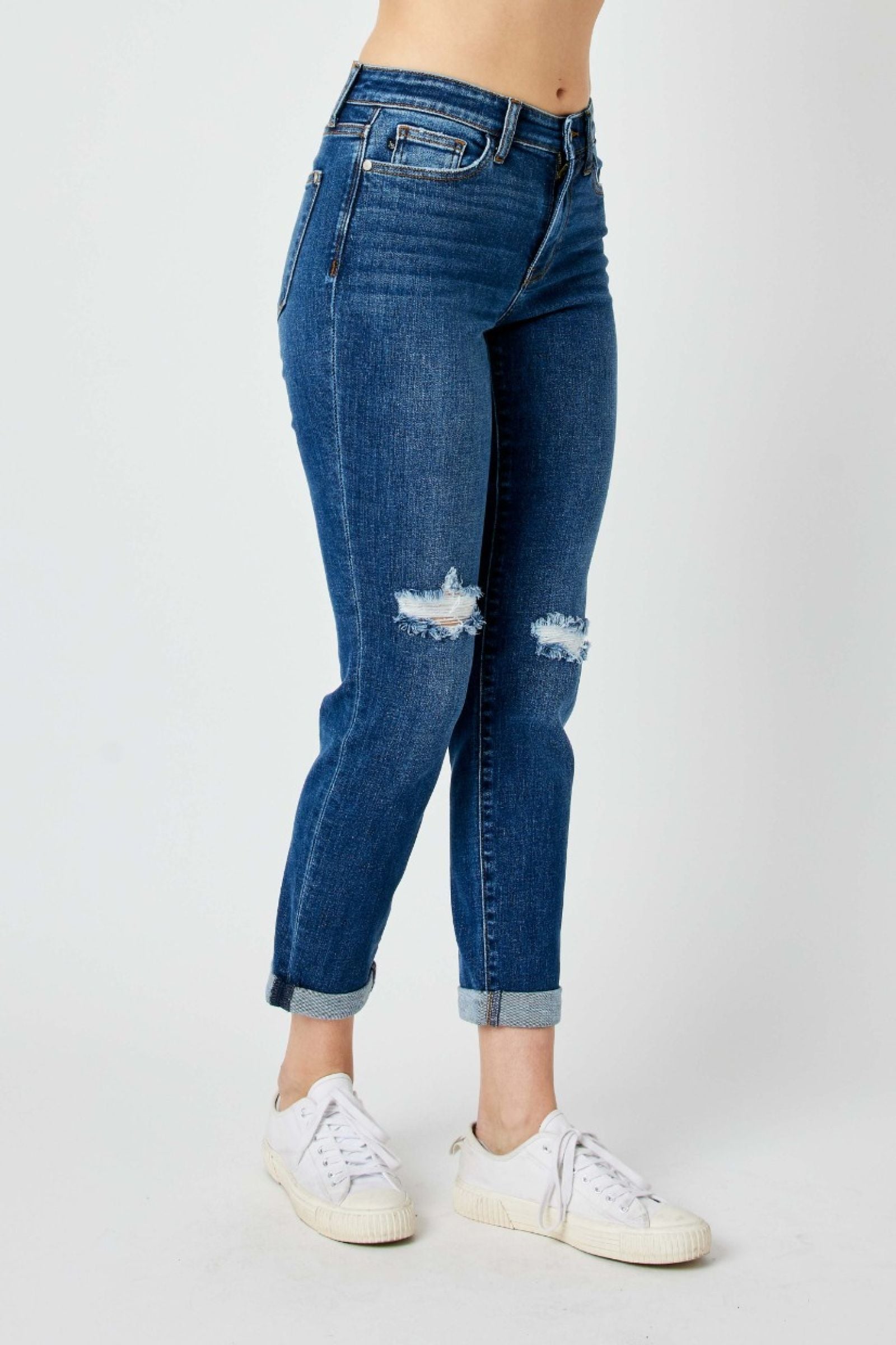 MID RISE DESTROYED SLIM MEDIUM WASH JUDY BLUE DENIM-PLUS