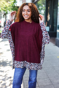 BURGUNDY PRINT DESIGN DOLMAN SWEATER TOP