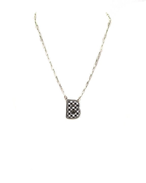 CHECKERED BUBBLE INITIAL BLACK & WHITE ON SILVER CHAIN WITH 18" + 3" EXTENDER NECKLACE