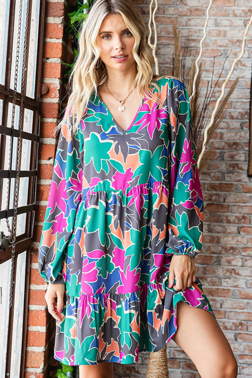 AQUA TEAL PINK FLORAL MULTI COLOR ABSTRACT PRINTED LONGSLEEVE DRESS