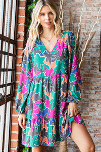 AQUA TEAL PINK FLORAL MULTI COLOR ABSTRACT PRINTED LONGSLEEVE DRESS