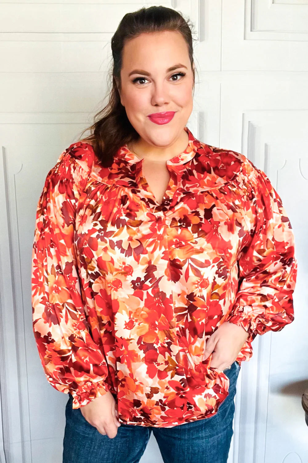 FALL VIBES RUST FLORAL PRINT NOTCHED NECK SMOCKED SATIN BLOUSE-PLUS