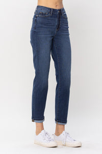 DARKWASH HIGH WAIST COOL DENIM SUSTAINABLE CUFF BOYFRIEND JUDY BLUE DENIM-PLUS