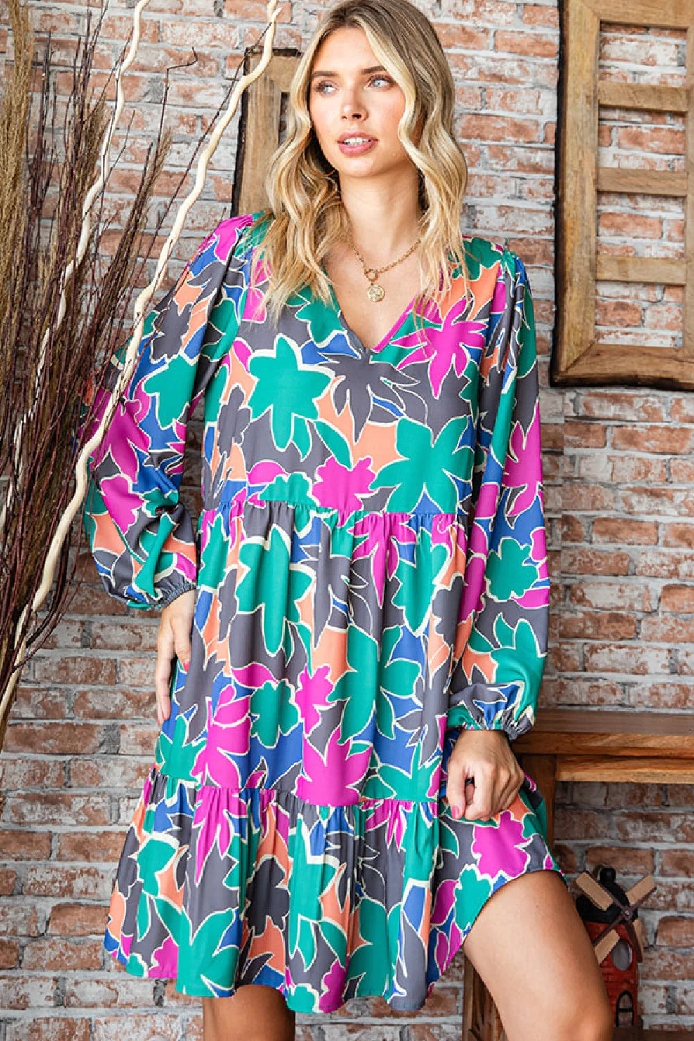 AQUA TEAL PINK FLORAL MULTI COLOR ABSTRACT PRINTED LONGSLEEVE DRESS