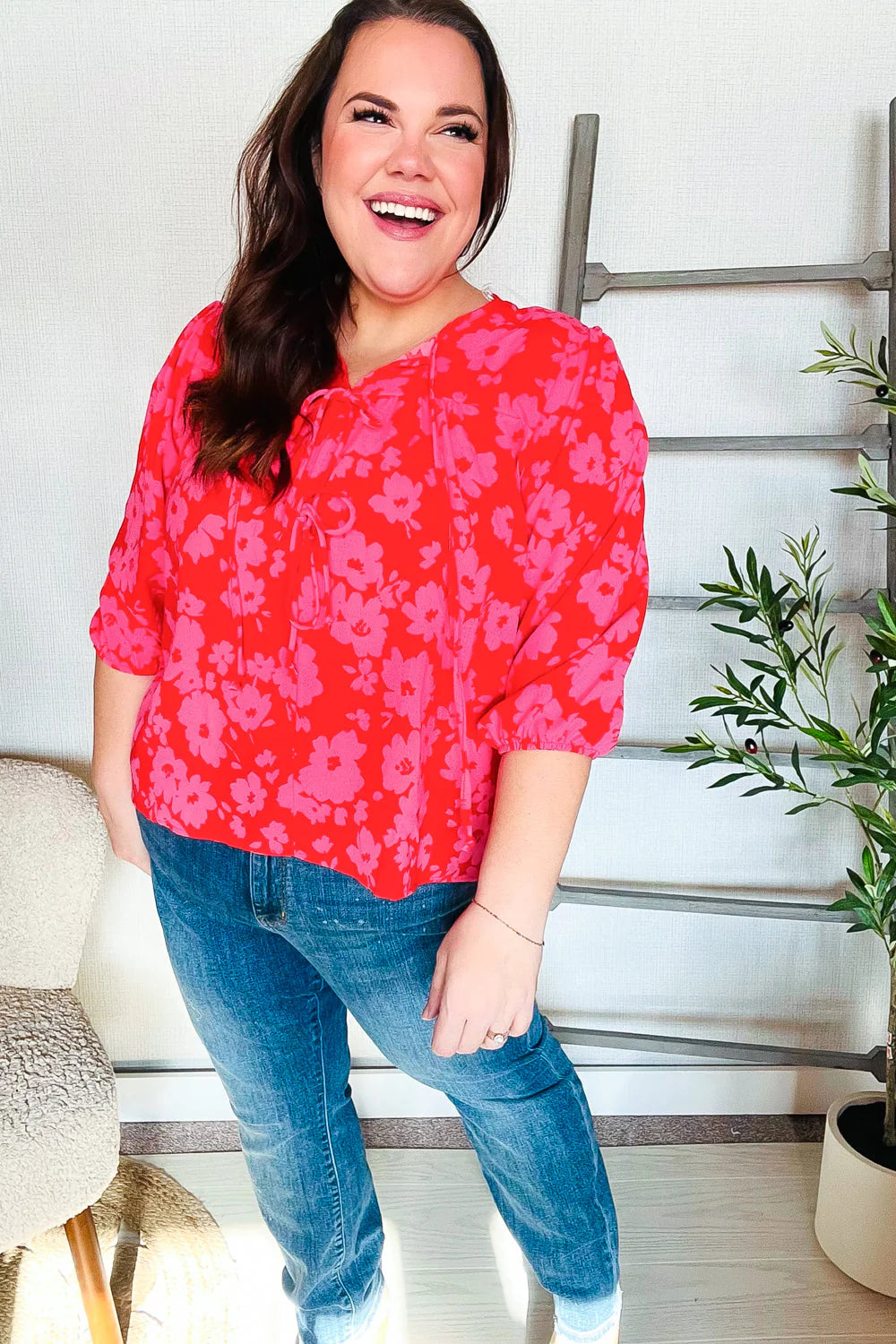 RED PINK RIBBON BOW FLORAL WOVEN TOP