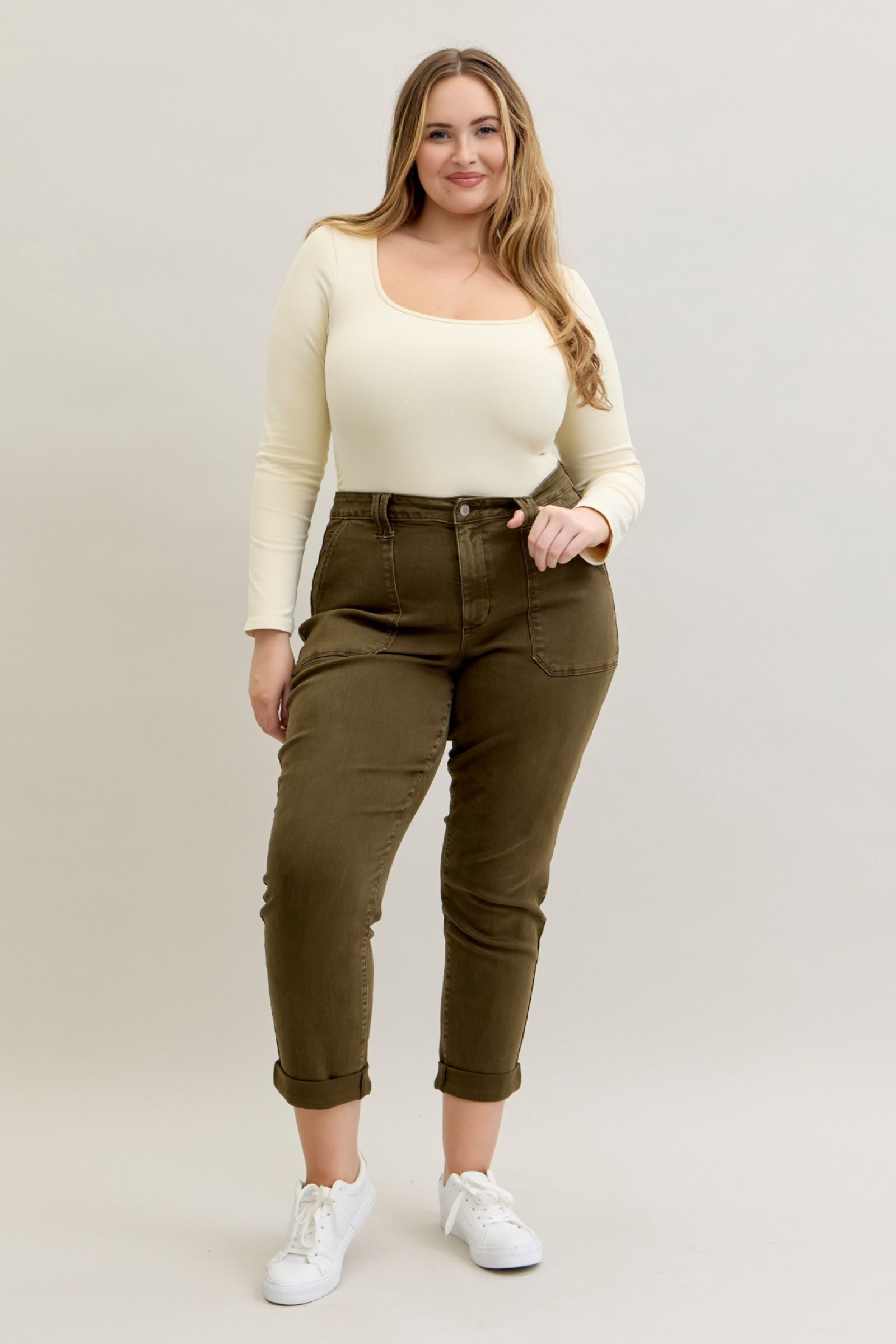 DARK FOREST GREEN HIGH WAIST AURORA WEEKENDER GARMENT DYED CUFFED JUDY BLUE DENIM-PLUS