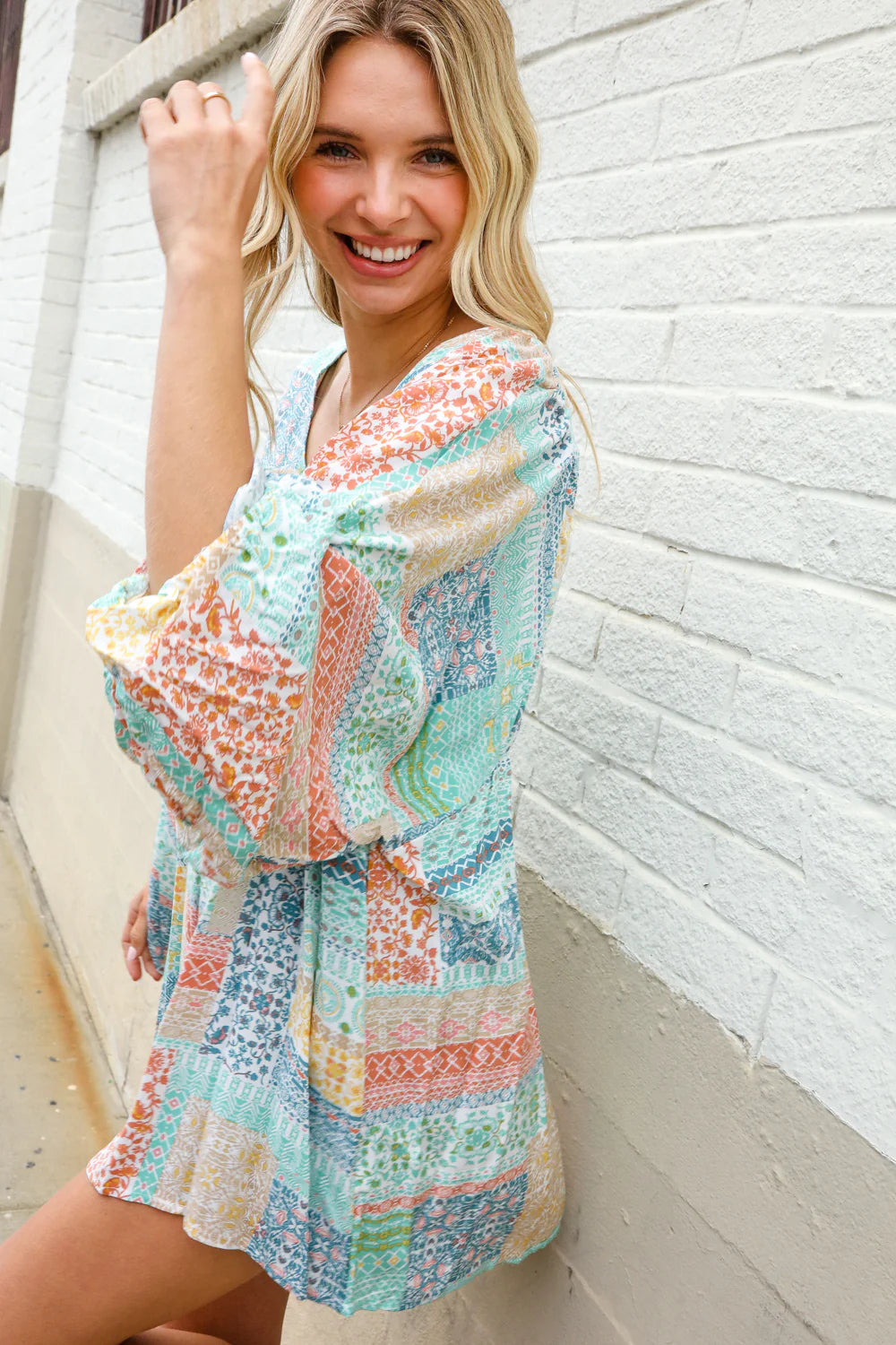 MINT PEACH BOHEMIAM PRINTED PATCHWORK 3/4 BUBBLE SLEEVE VNECK TOP-PLUS