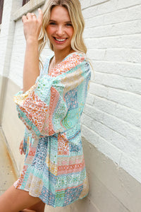 MINT PEACH BOHEMIAM PRINTED PATCHWORK 3/4 BUBBLE SLEEVE VNECK TOP-PLUS