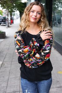 BLACK DIVA DREAMS FLORAL SEQUIN MESH RIB KNIT BLOUSE