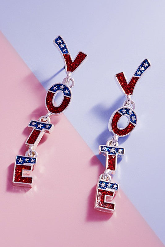 METAL GLITTERED "VOTE" LINK DANGLE EARRINGS - SALE - 2 LEFT