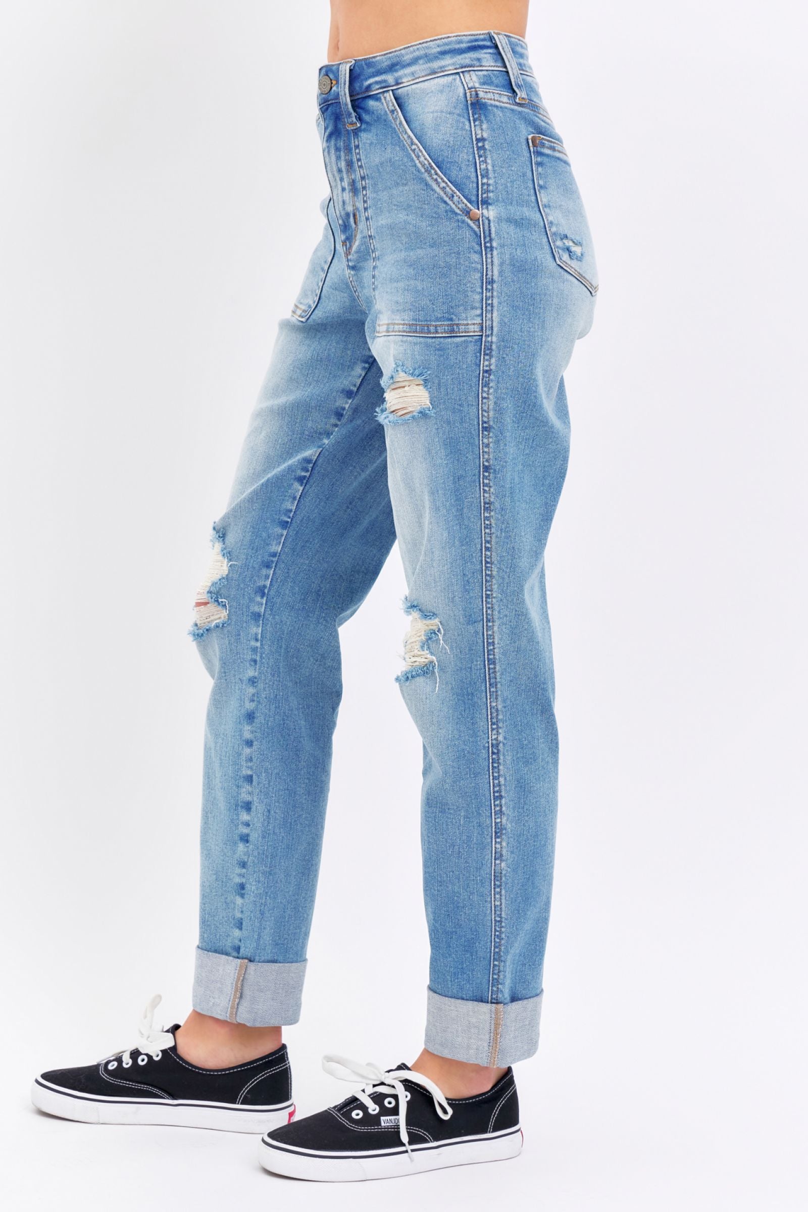 HIGH WAIST PATCH POCKET & DESTROYED BOYFRIEND MEDIUM WASH JUDY BLUE DENIM