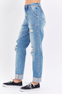 HIGH WAIST PATCH POCKET & DESTROYED BOYFRIEND MEDIUM WASH JUDY BLUE DENIM