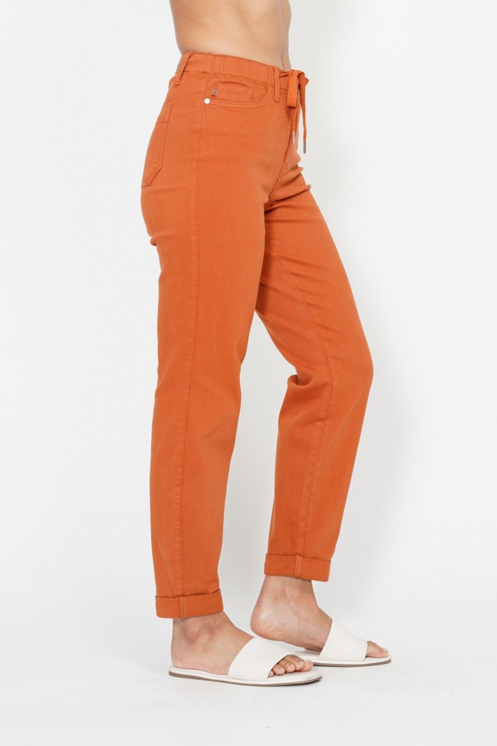 AUBURN ORANGE HIGH WAIST GARMENT DYED JOGGERS DOUBLE CUFFED JUDY BLUE DENIM