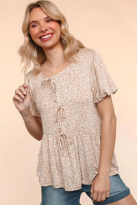TAUPE FLORAL FRONT RIBBONS BOW TIE ANIMAL BABYDOLL KNIT TOP