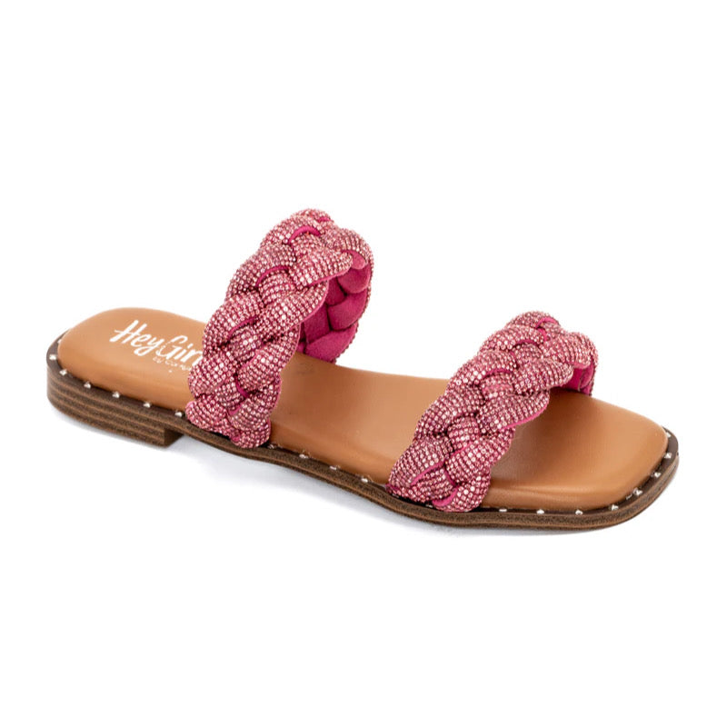 DON'T GET IT TWISTED FUCHSIA RHINESTONES CORKYS BLING SANDALS