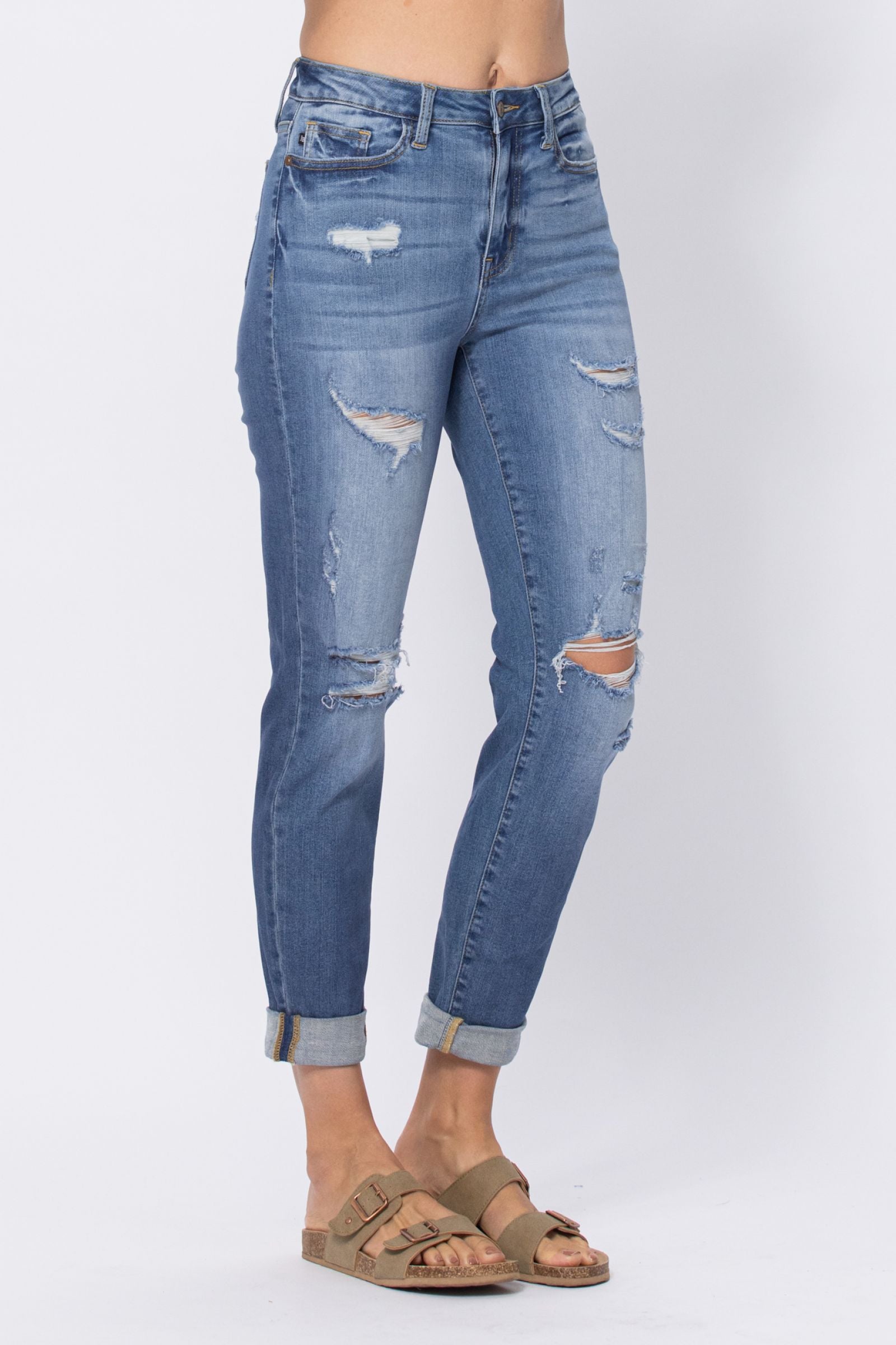 LIGHT WASH HIGH WAIST CUFFED BOYFRIED WITH DESTROY JUDY BLUE DENIM-PLUS