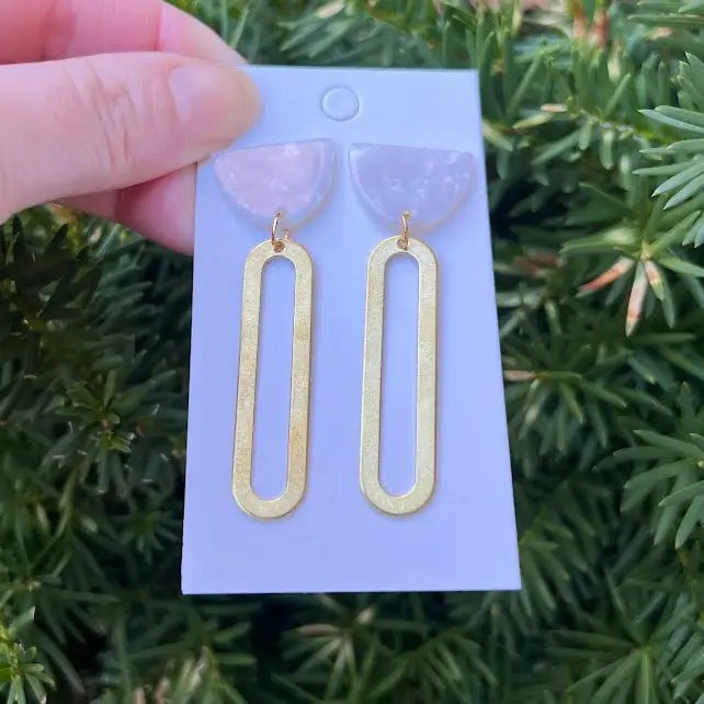 IVORY WHITE GOLD OVAL OBLONGATED ACRYLIC METAL STATEMENT HANDMADE BBB EARRINGS