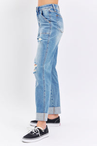 HIGH WAIST PATCH POCKET & DESTROYED BOYFRIEND MEDIUM WASH JUDY BLUE DENIM