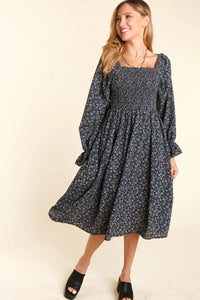 BLACK PRINTED SMOCKED FIT & FLARE POCKETED MIDI DRESS-PLUS