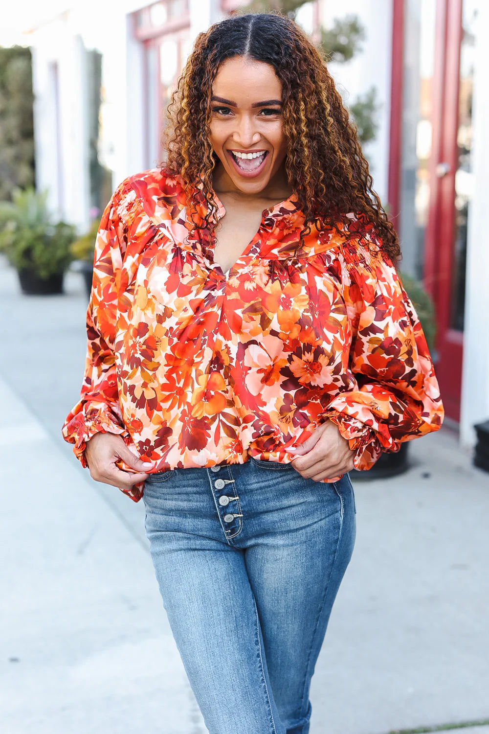 FALL VIBES RUST FLORAL PRINT NOTCHED NECK SMOCKED SATIN BLOUSE-PLUS