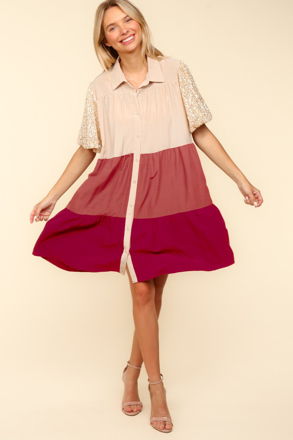 TAUPE RUST MULTI SEQUINS BUBBLE SLEEVE POCKETED COLLARED DRESS-PLUS