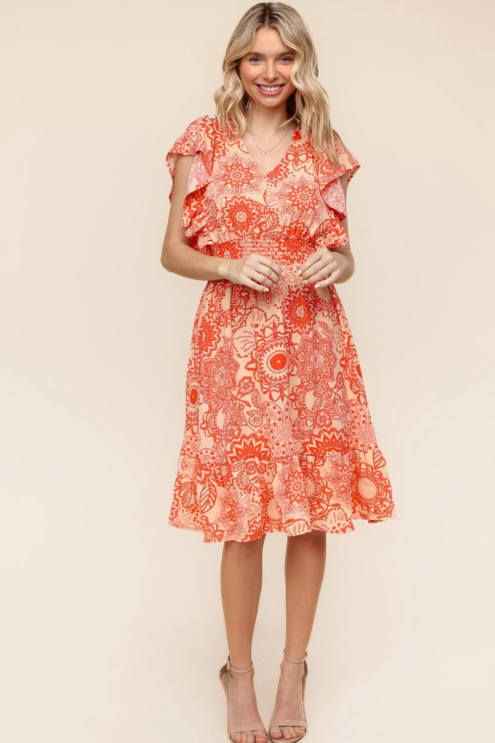 CORAL PEACH DAMASK PRINTED FIT AND FLARE SMOCKED WAIST VNECK POCKETED MIDI DRESS