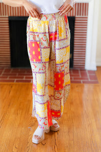 YELLOW CORAL FLORAL PATCHWORK POCKETED PANTS