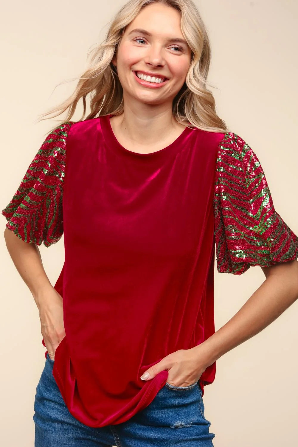 RED VELVET SEQUINS BUBBLE SLEEVE BLOUSE-PLUS