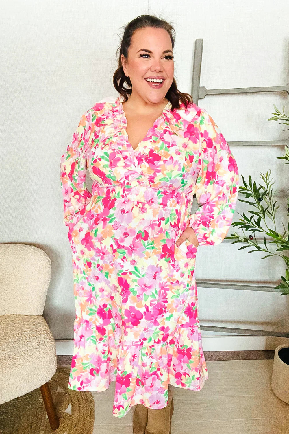 NEON PINK GREEN PEACH FRILLY VNECK RUFFLE SHIRRED WAIST FLORAL MAXI DRESS