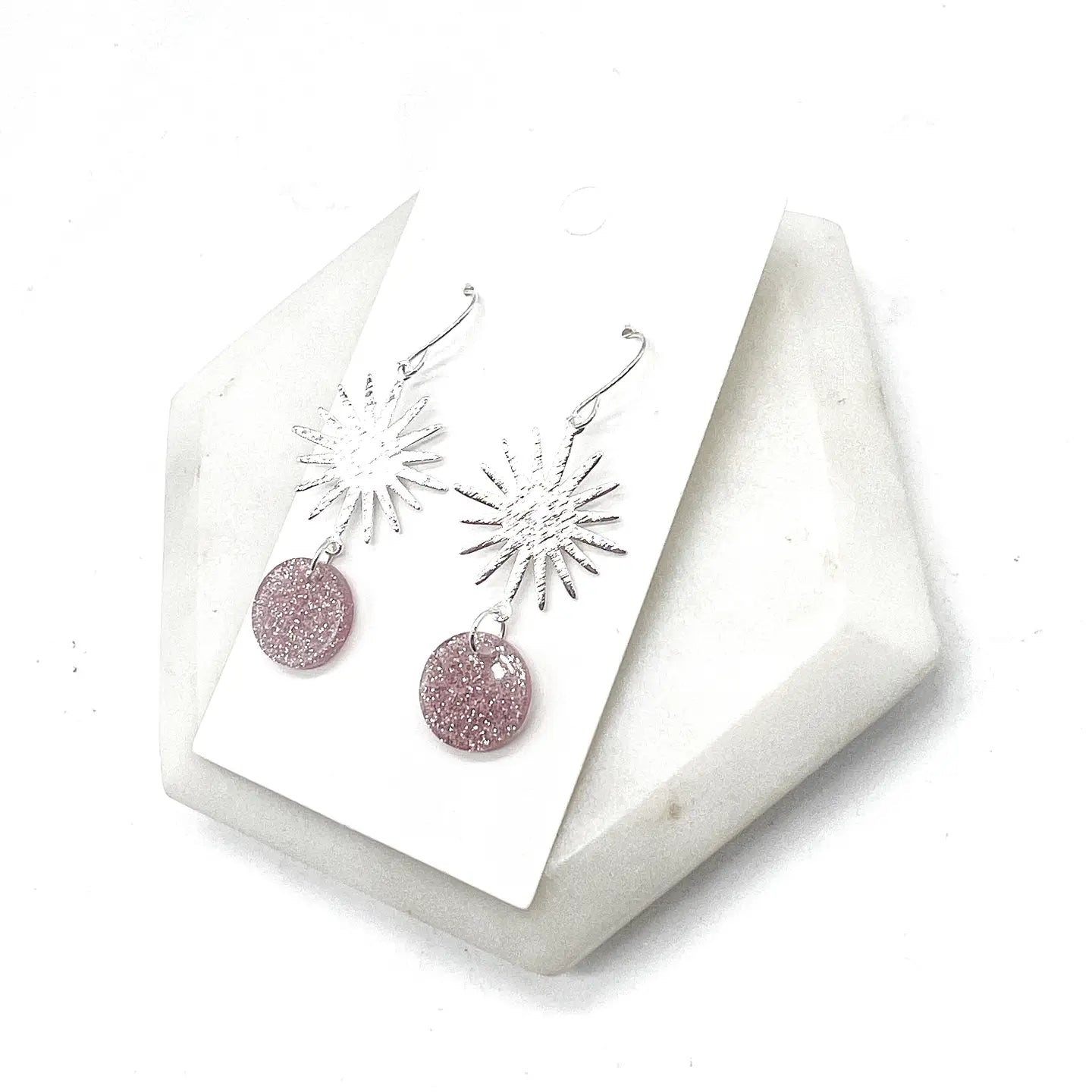 PINK GLITTER SILVER SUNBURST METAL ACRYLIC STATEMENT HANDMADE BBB EARRINGS