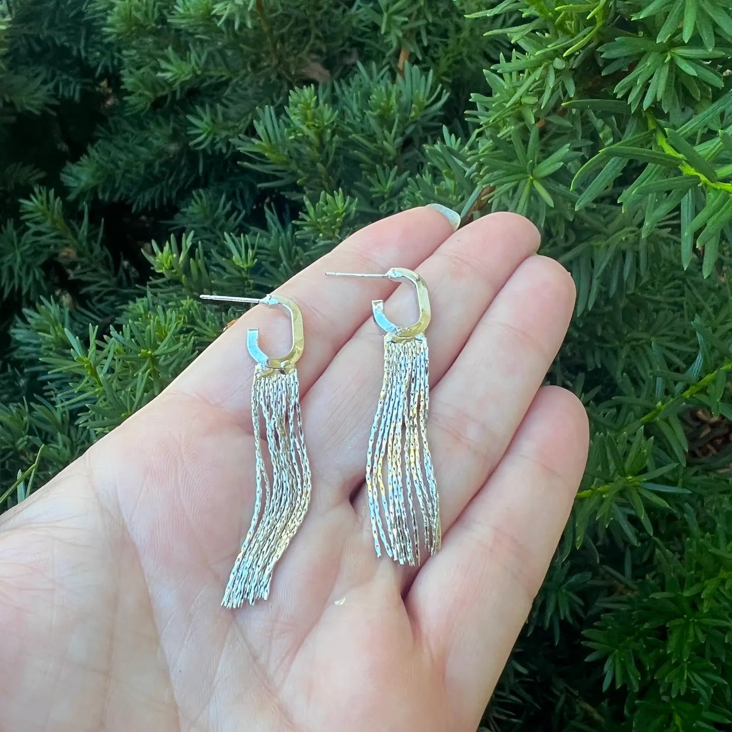 SILVER FRINGE HOOP HUGGIE STATEMENT HANDMADE BBB EARRINGS