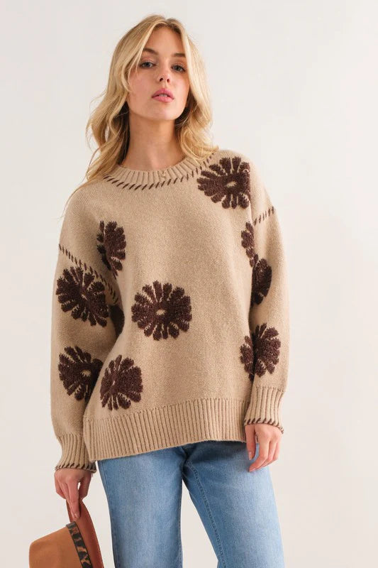 TAUPE BROWN FLORAL DESIGN THICK SWEATER-PLUS