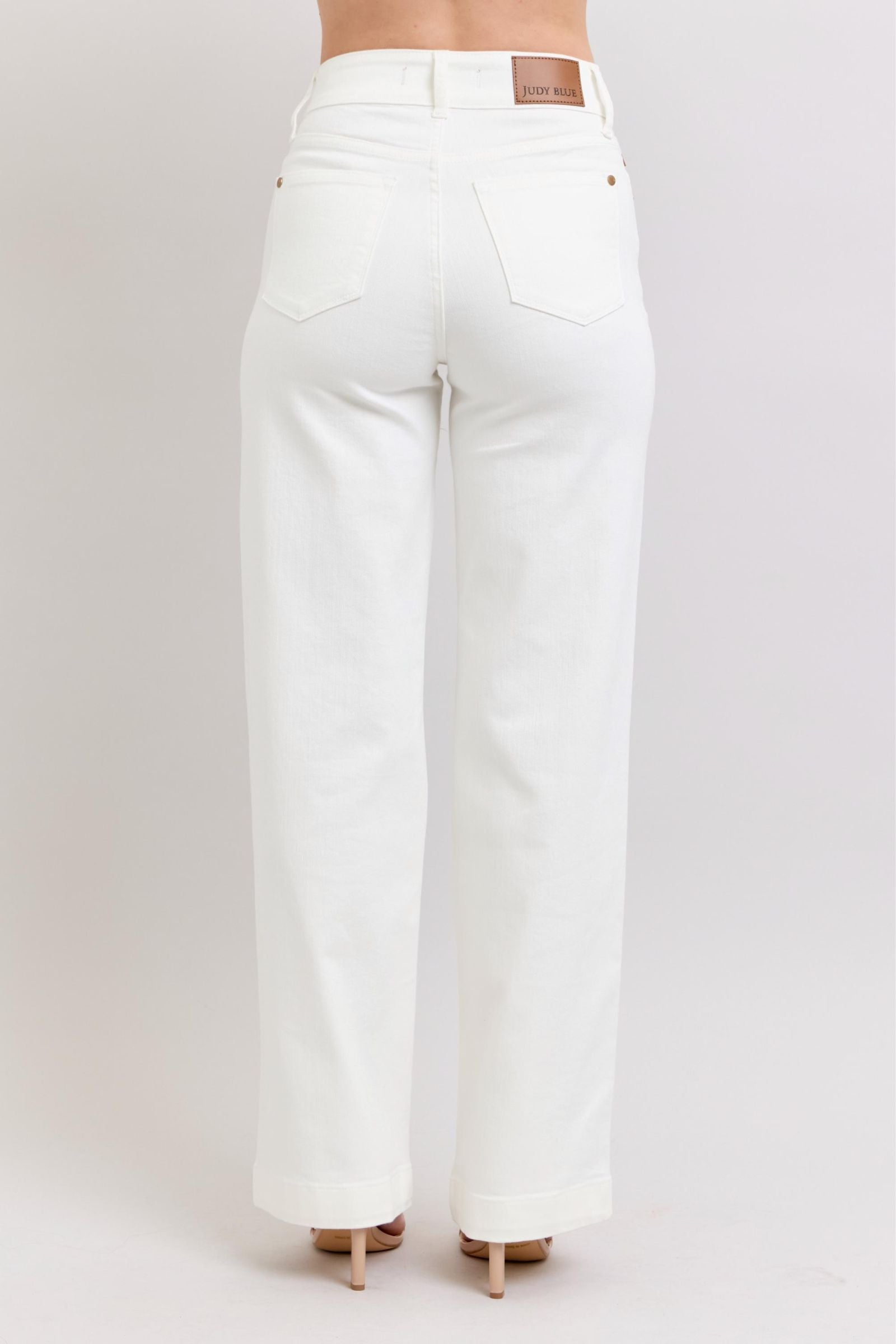 HIGH WAIST DOUBLE BUTTON WAISTBAND TROUSER WHITE WIDE LEG COIN POCKET EMBROIDERY DETAIL JUDY BLUE DENIM