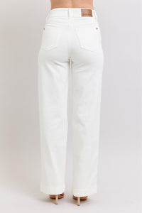 HIGH WAIST DOUBLE BUTTON WAISTBAND TROUSER WHITE WIDE LEG COIN POCKET EMBROIDERY DETAIL JUDY BLUE DENIM