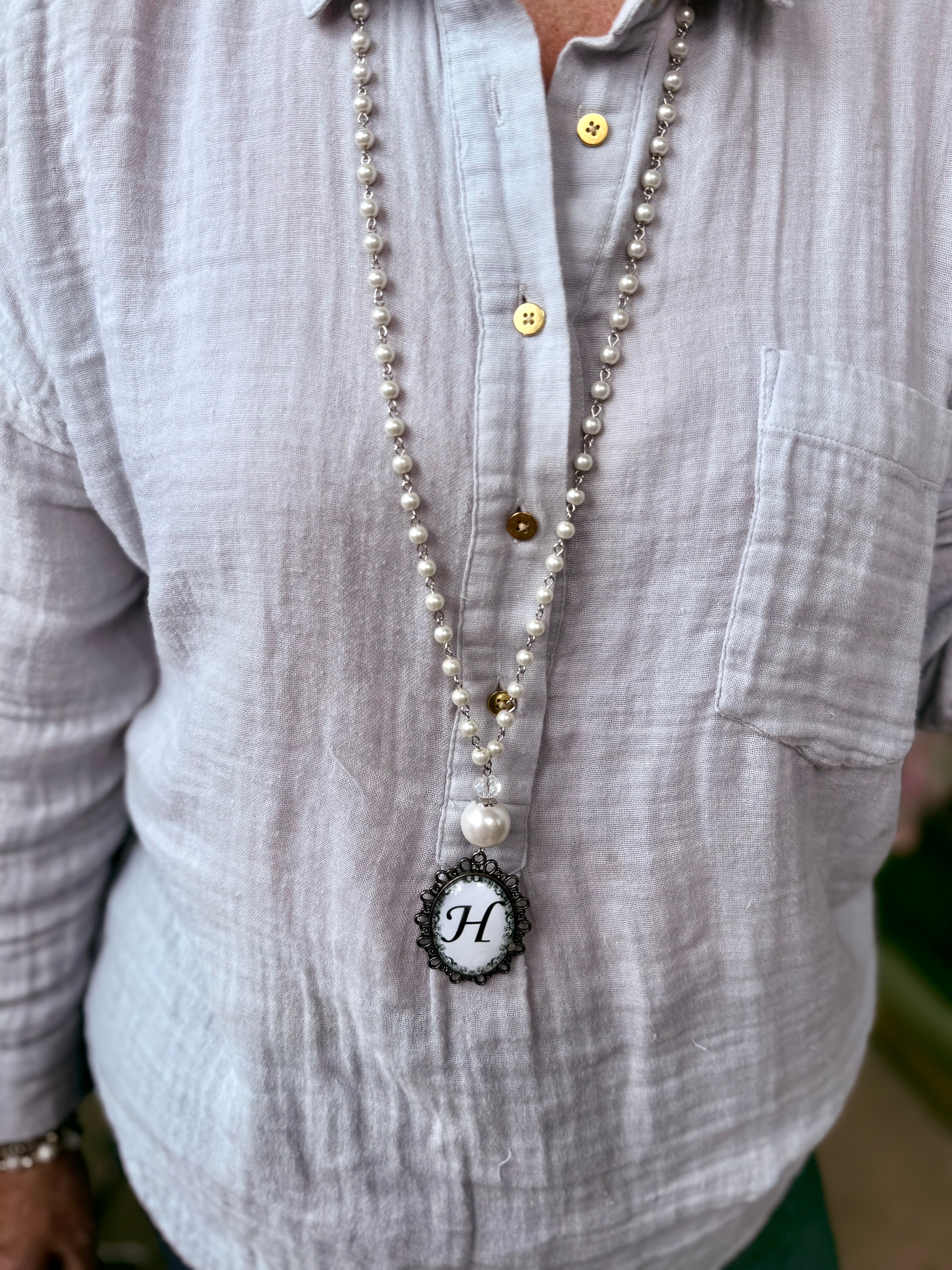 Silver Pearl Initial Necklace- E, H & T LEFT- SALE