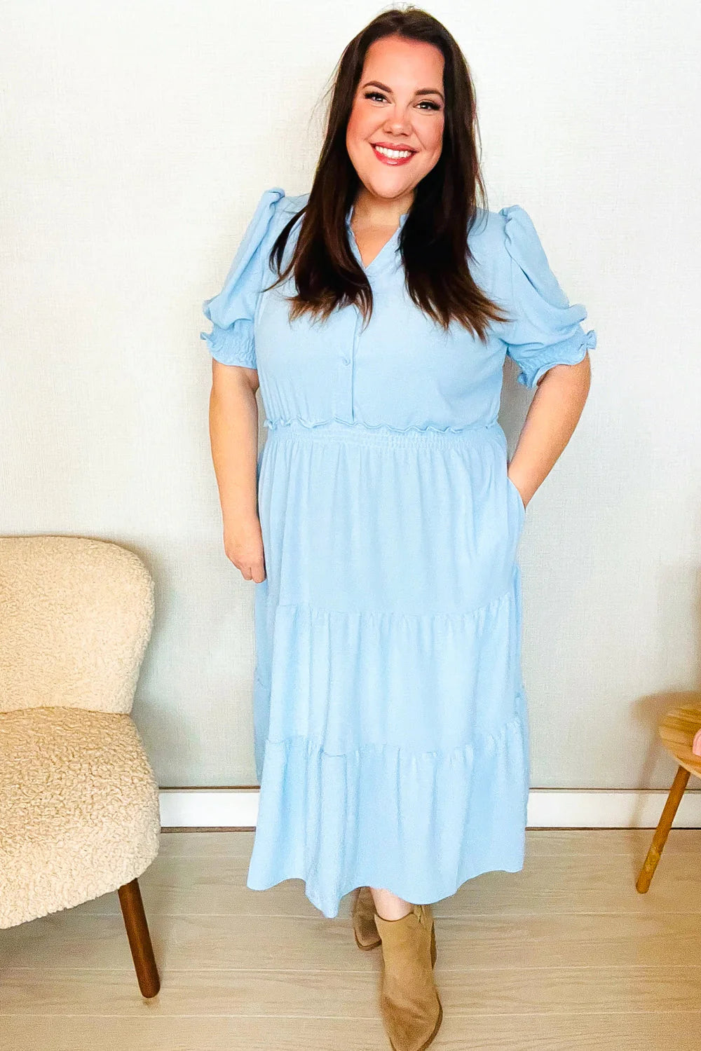 BABY BLUE PERIWINKLE FRILLY NOTCH NECK SHIRRED WAIST TIERED MAXI DRESS