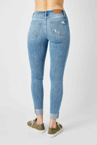 SKINNY MEDIUM WASH MID RISE DESTROYED CUFFED JUDY BLUE DENIM