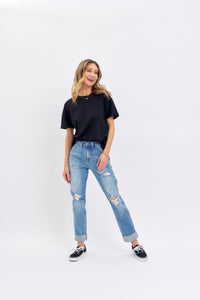 HIGH WAIST PATCH POCKET & DESTROYED BOYFRIEND MEDIUM WASH JUDY BLUE DENIM