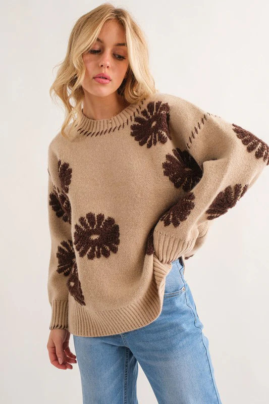 TAUPE BROWN FLORAL DESIGN THICK SWEATER-PLUS